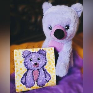 Gorgeous Hand painting 6x6 canvas with a cute cuddly purple 10 in. teddy bear.
